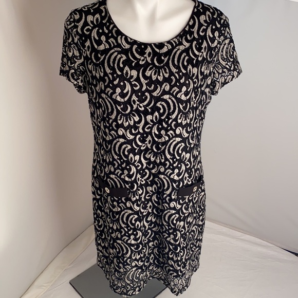 Tommy Hilfiger black lace overlay and off-white Damask sheath dress 12 - Picture 2 of 14